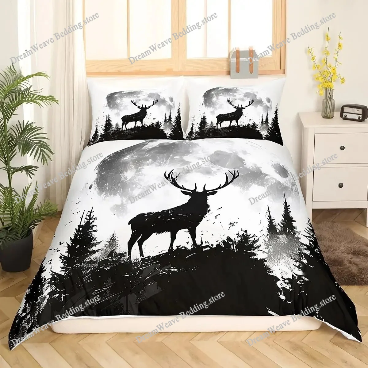 Hunting And Camping In Forest - Deer Elk Duvet Cover King Queen