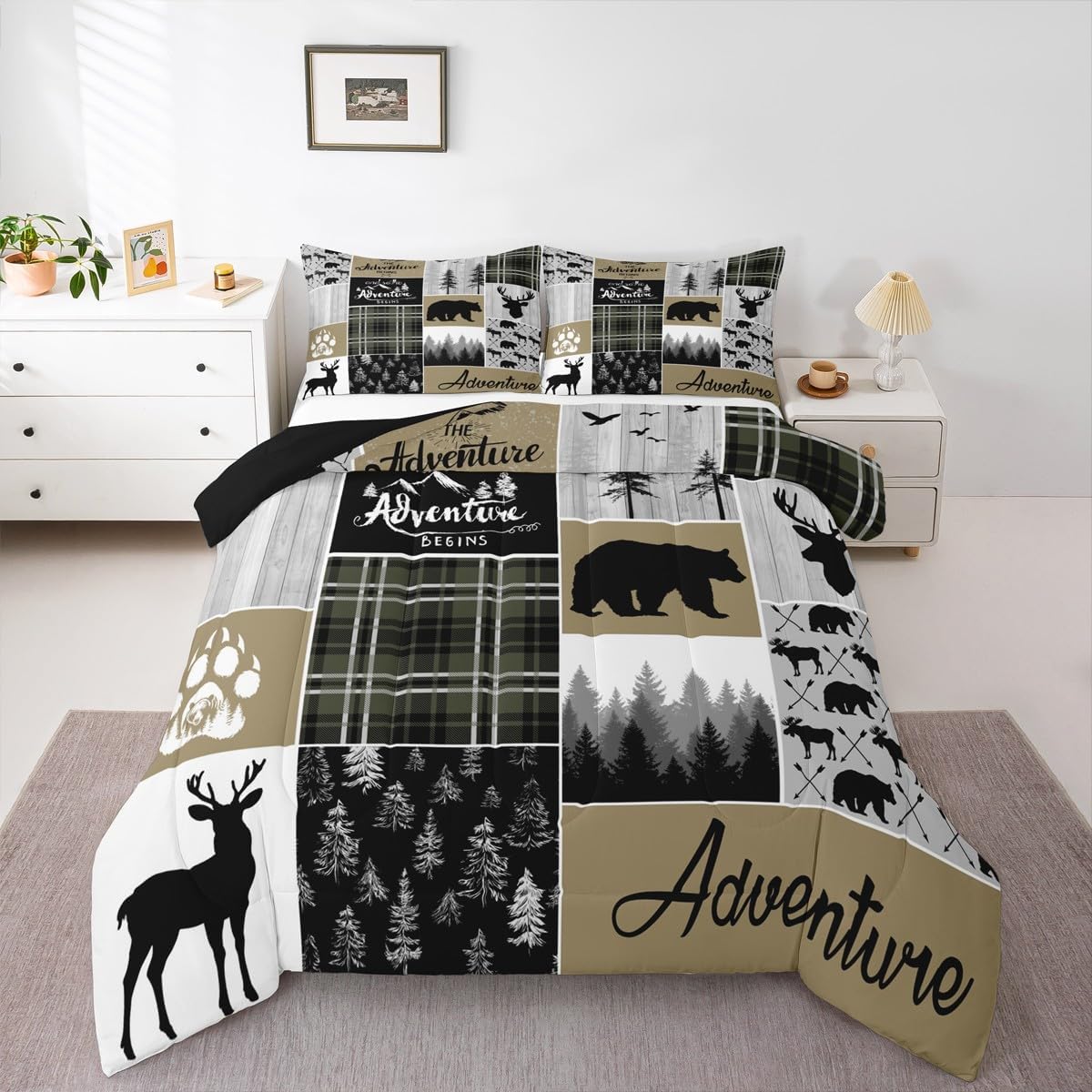 Hunting And Camping In Forest - Farmhouse Country Bear Moose Duvet Cover