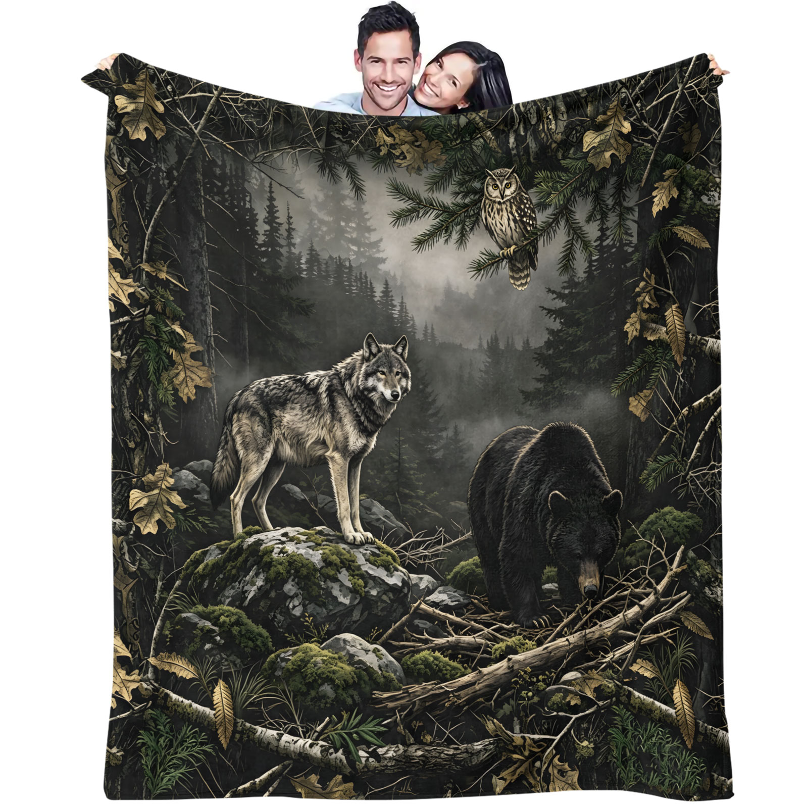 Forest Wolf Bear Owl Flannel B - Hunting And Camping In Forest recension och pris